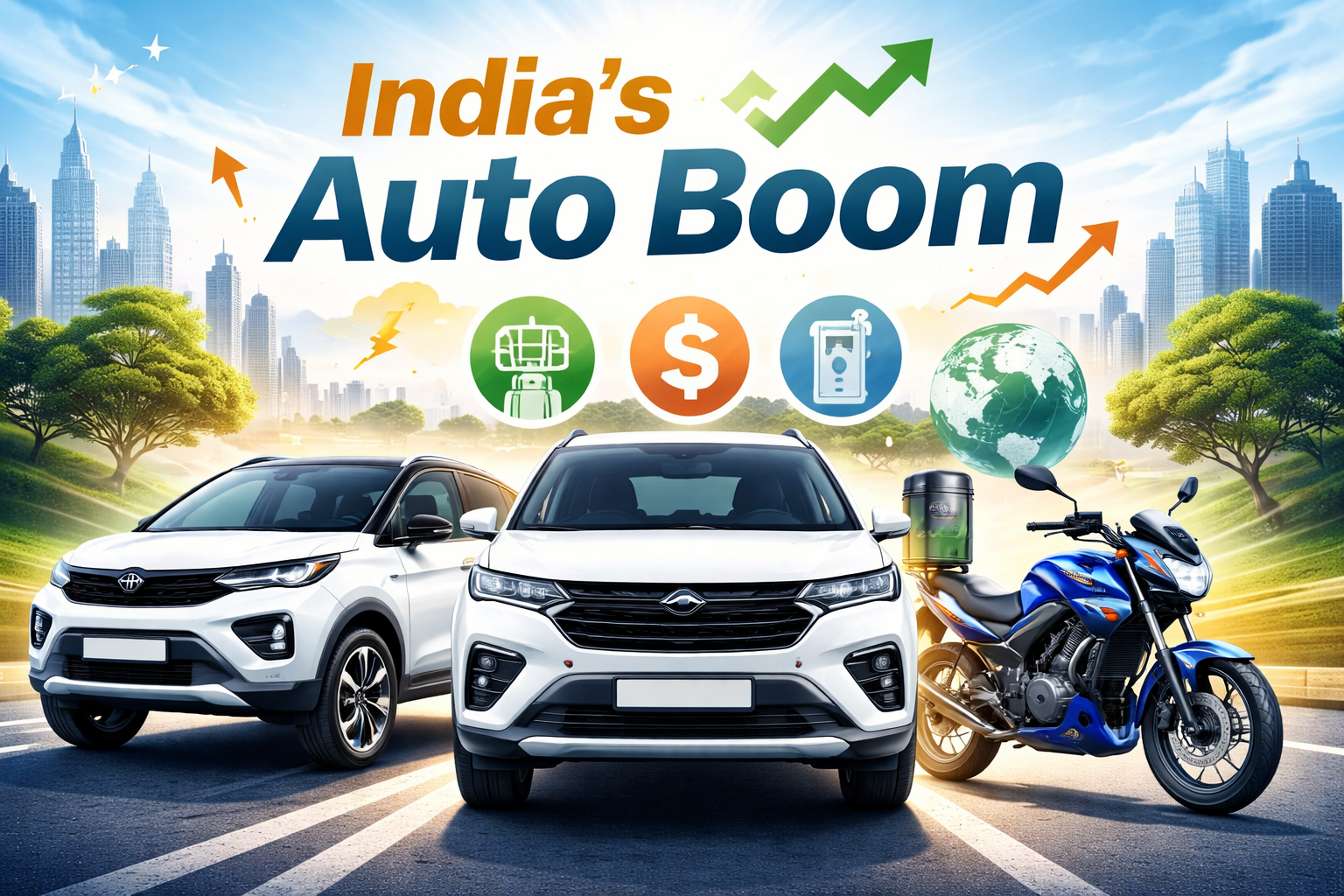 Illustration showing India’s auto boom with electric cars and motorcycles representing Tata Motors, Maruti Suzuki and Bajaj Auto amid EV and mobility growth.