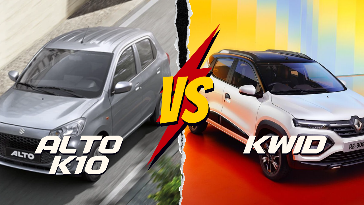 Alto K10 vs Kwid comparison thumbnail showing red Maruti Alto K10 and Renault Kwid Climber front view
