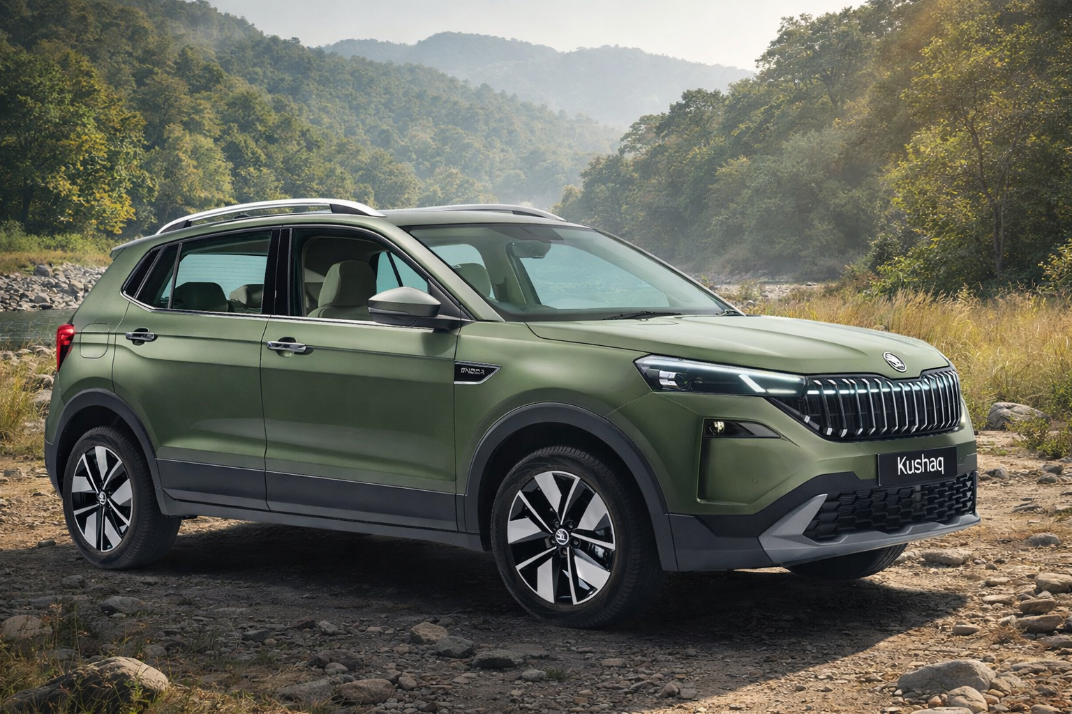 Skoda Kushaq facelift 2026 exterior front view green SUV on mountain road
