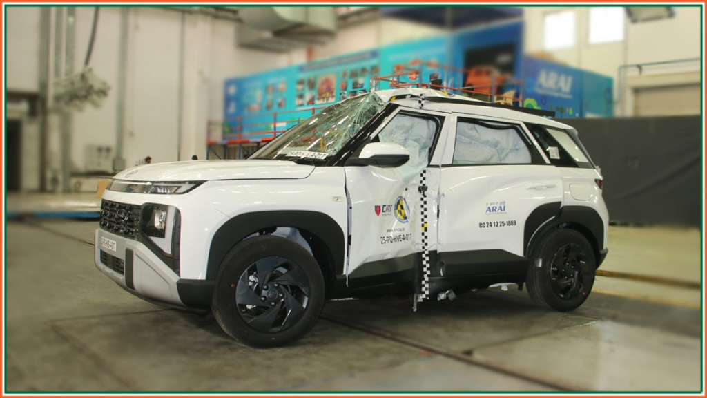 Hyundai Venue Bharat NCAP rating crash test image showing 5 star safety performance with airbags deployed and strong body structure during impact testing in India