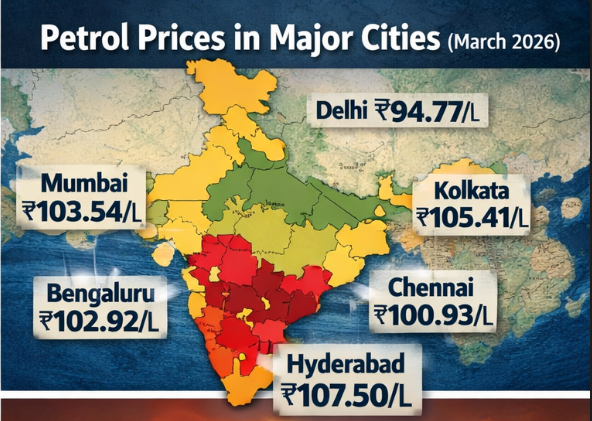 Today petrol price in India city wise fuel rates map Delhi Mumbai Chennai Hyderabad