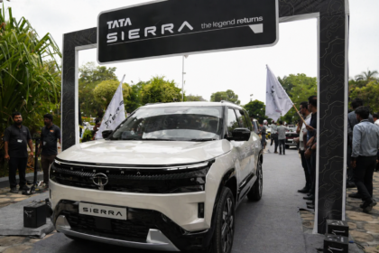 Tata Sierra 2026 parked at dealership showroom front view