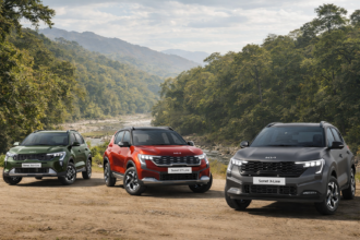 next gen kia sonet SUV driving in forest road Jim Corbett Park India