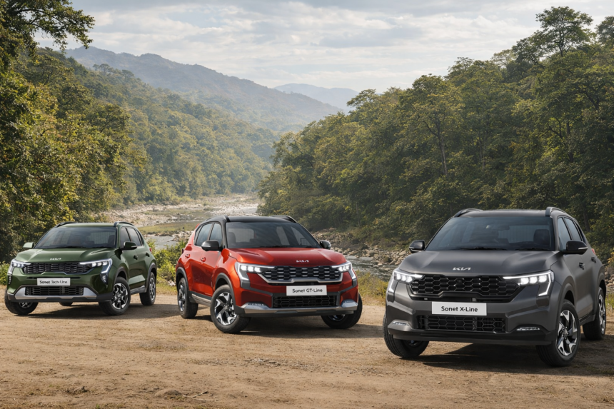 next gen kia sonet SUV driving in forest road Jim Corbett Park India