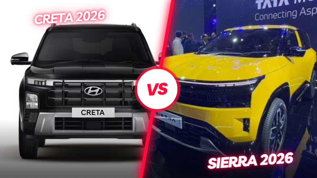 :
Tata Sierra vs Hyundai Creta 2026 full comparison covering price, boot space, engine specs, features and safety ratings. Sierra offers 622 litres boot space and triple screen interior while Creta undercuts on price with a more rounded feature package across variants.
