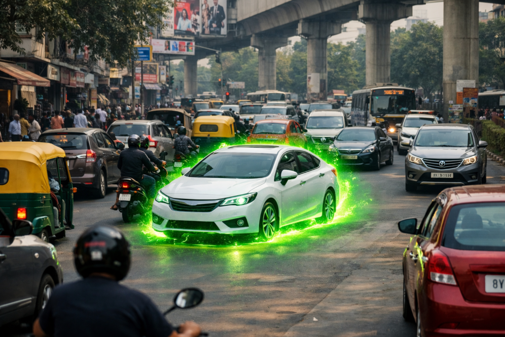Hybrid car glowing green in busy Indian city traffic with multiple vehicles