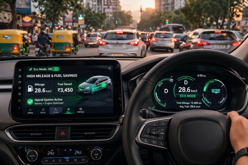 Hybrid car dashboard showing eco mode, high mileage and fuel savings display