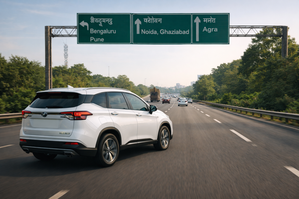 Hybrid SUV driving on Indian highway with greenery, road signs and clear sky