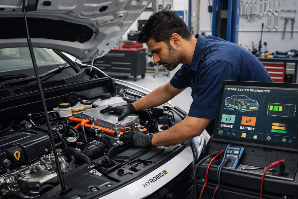 Mechanic inspecting hybrid car engine and battery system in professional workshop