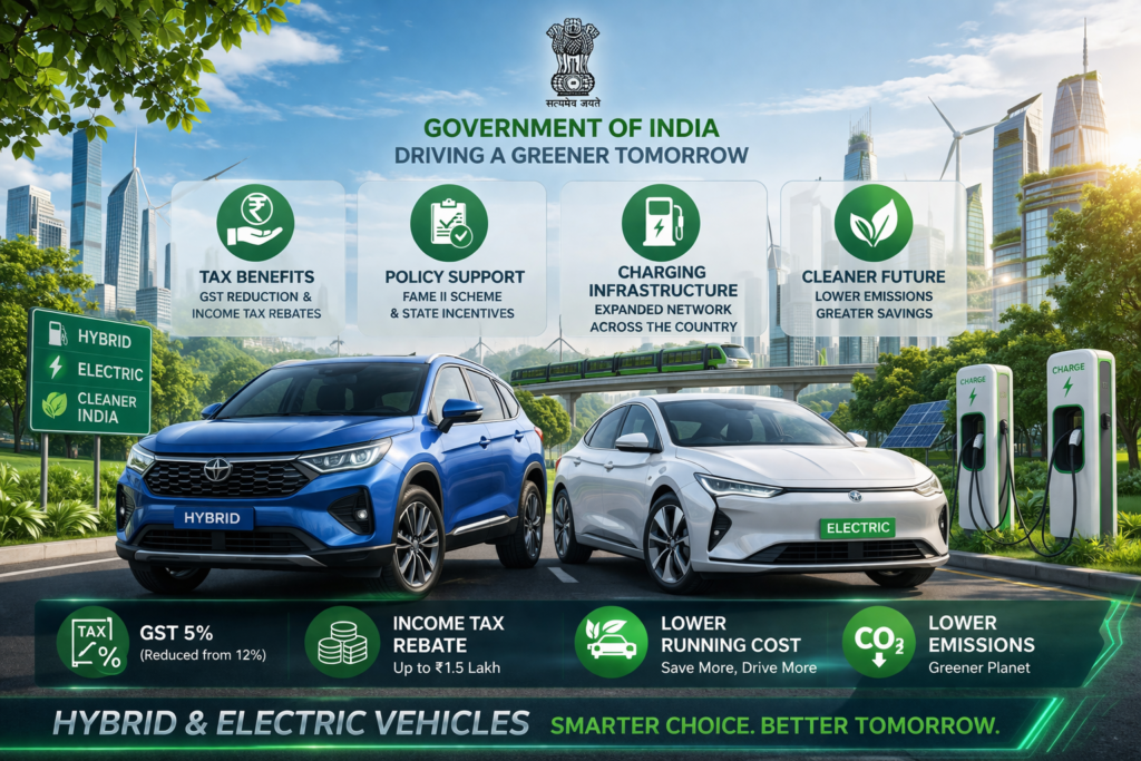 Hybrid and electric vehicles with government policy icons, tax benefits and green energy theme