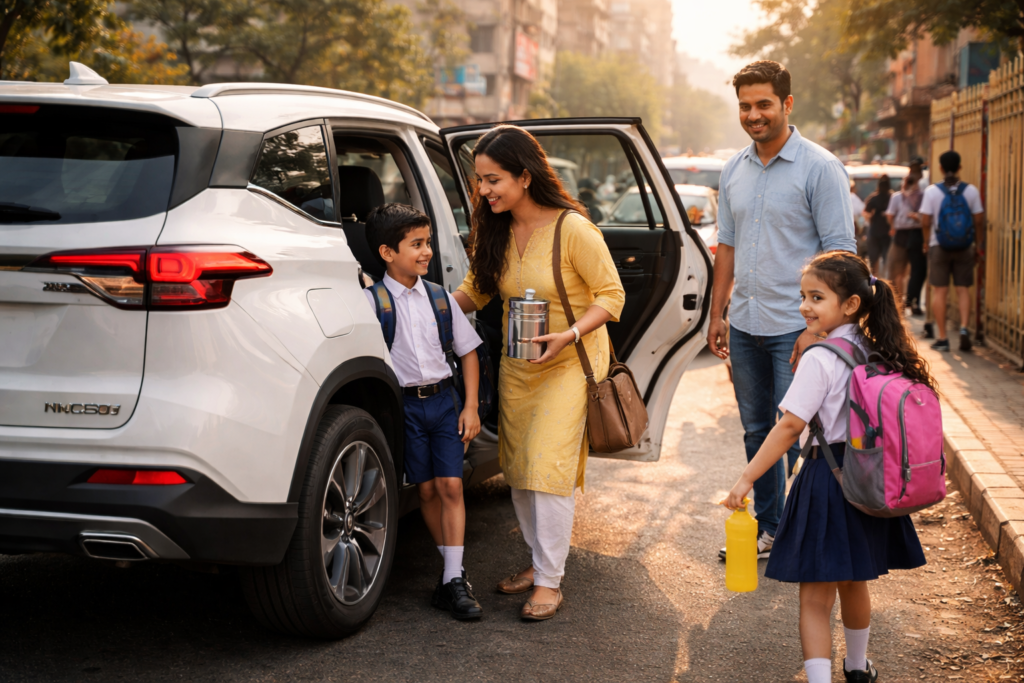 Indian family using hybrid SUV during school drop in city traffic with warm morning light