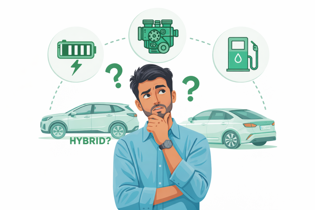 Confused man thinking about hybrid car with battery, engine and fuel icons illustration