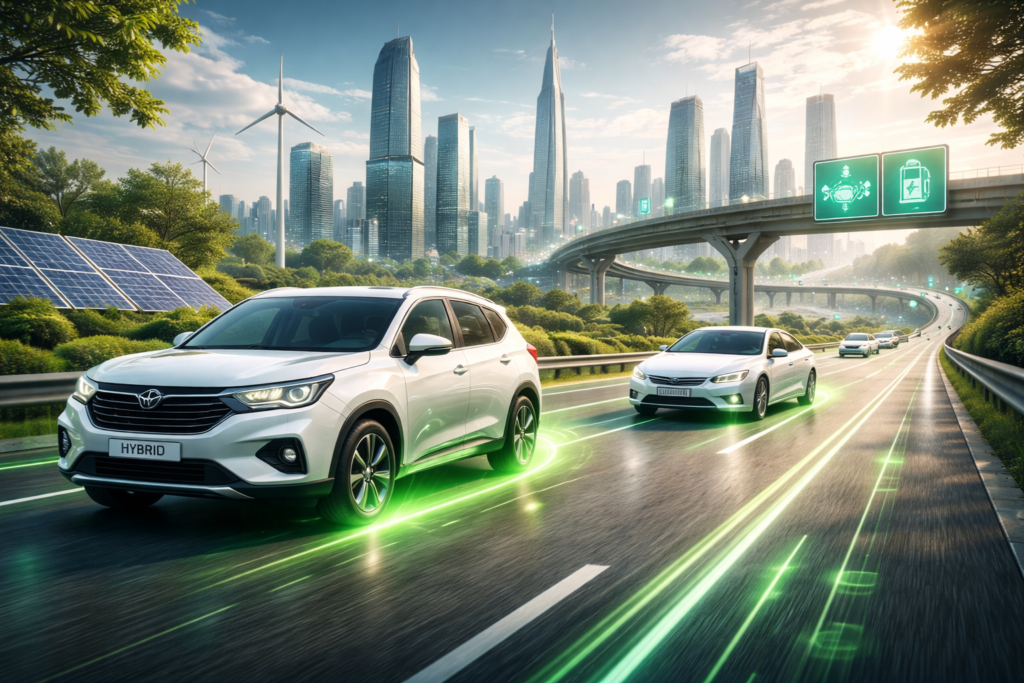 Futuristic hybrid cars driving in smart city with advanced roads and green energy elements