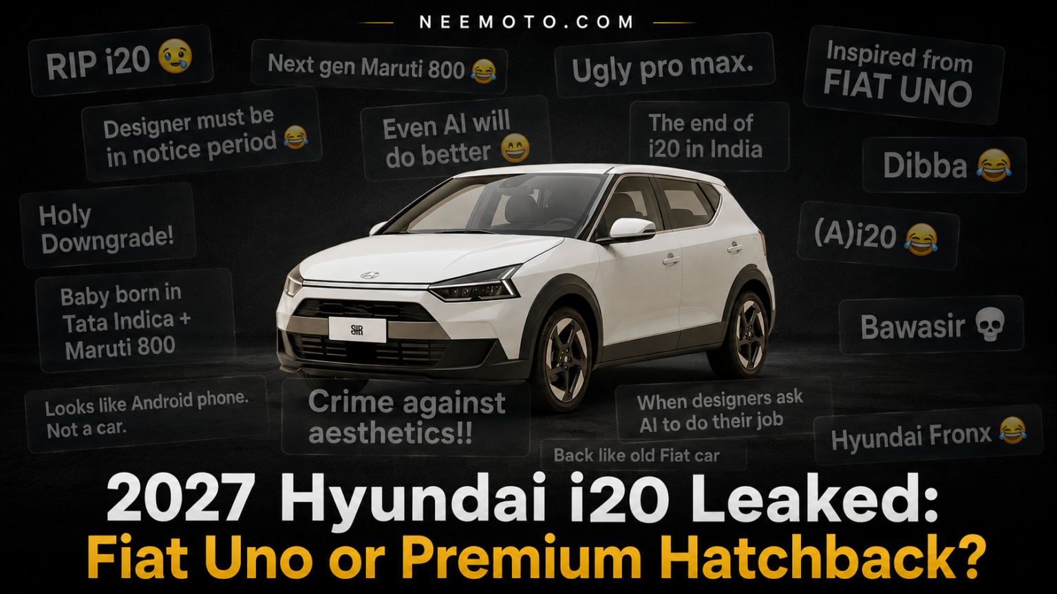 2027 Hyundai i20 next gen leaked image showing front and side profile in white colour with new design language