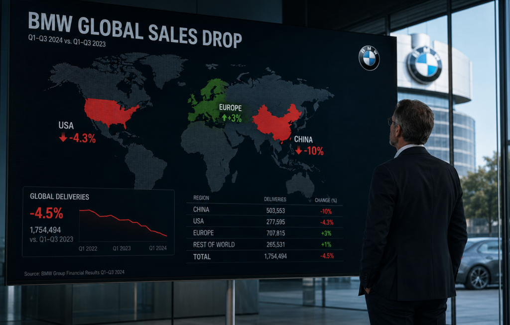 Professional business infographic scene showing BMW global sales decline. Large digital dashboard displaying world map with highlighted regions