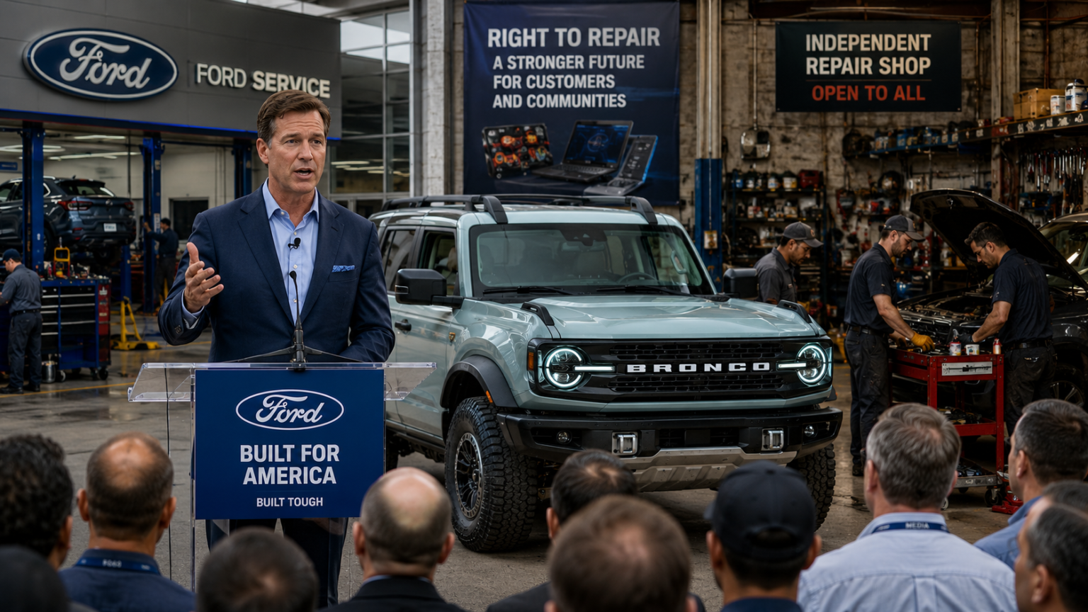Ford CEO discusses right to repair policy as mechanics service vehicles beside a Ford Bronco at an automotive industry event