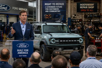 Ford CEO discusses right to repair policy as mechanics service vehicles beside a Ford Bronco at an automotive industry event