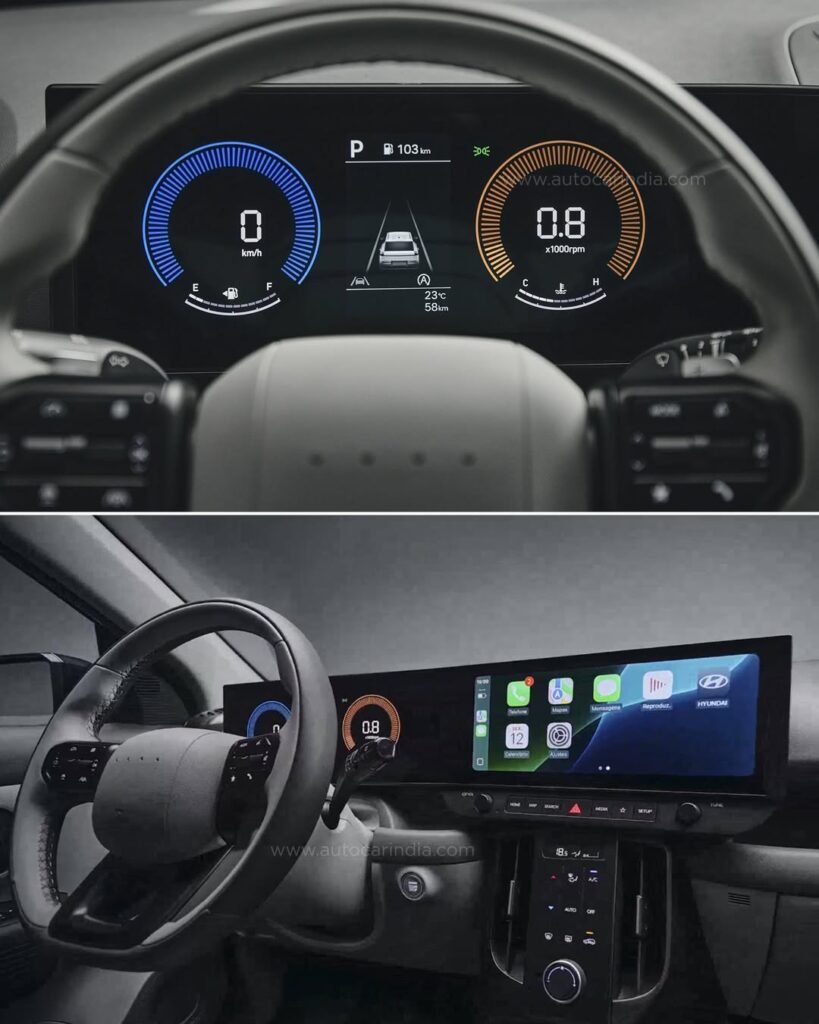 2027 Hyundai i20 Venue-like twin connected screen setup with new steering wheel featuring H in Morse code and physical buttons retained