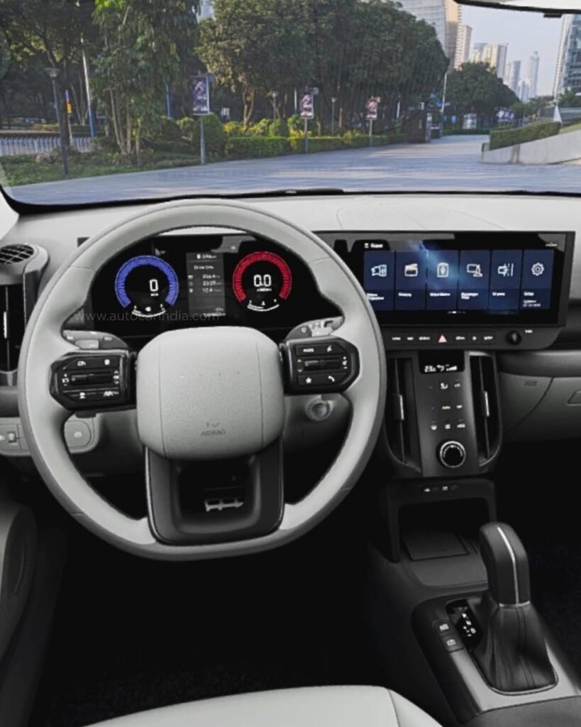2027 Hyundai i20 Venue-like twin connected screen setup with new steering wheel featuring H in Morse code and physical buttons retained
