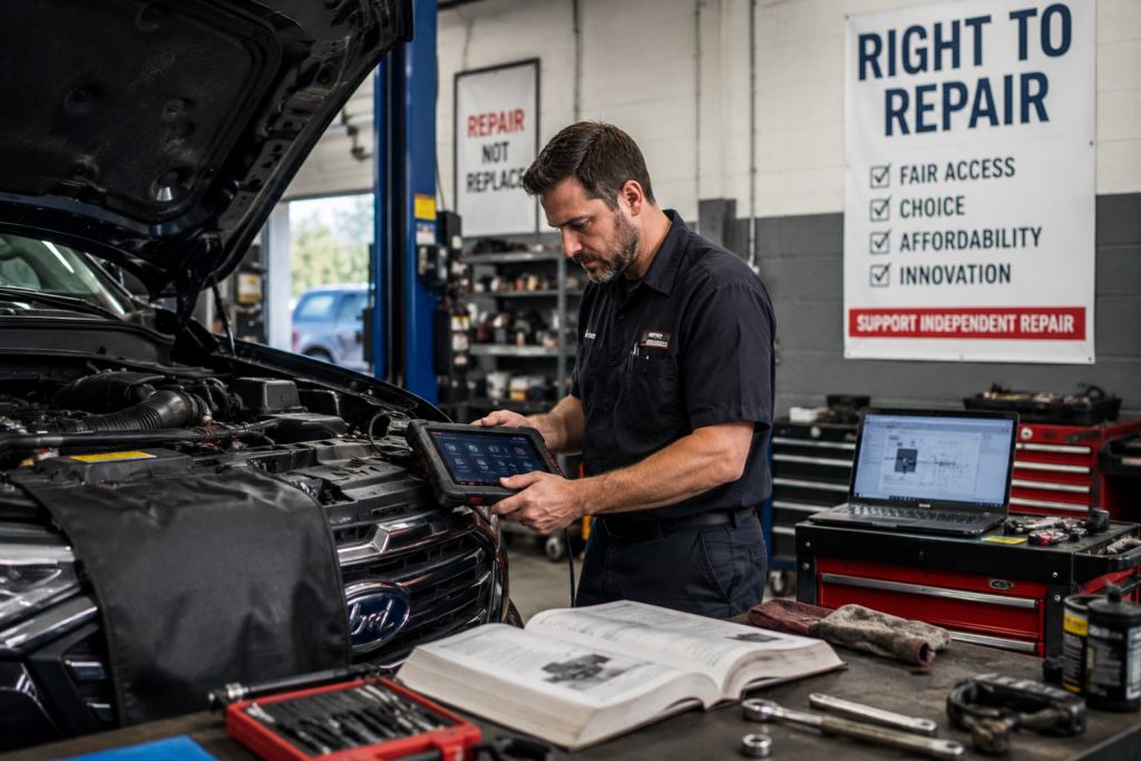 Independent mechanic using diagnostic equipment to repair a modern vehicle in a local automotive workshop