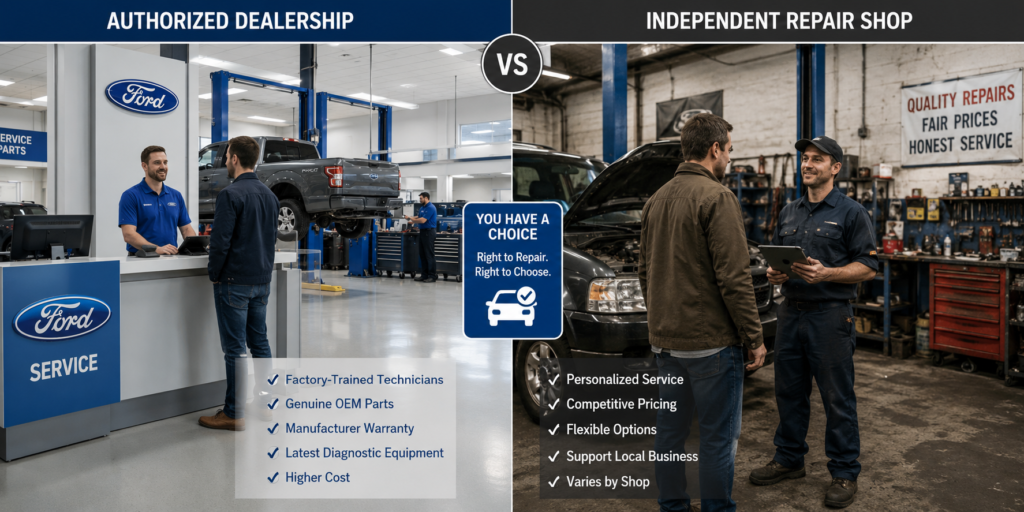 Comparison of authorized dealership service center and independent repair garage showing different vehicle maintenance options