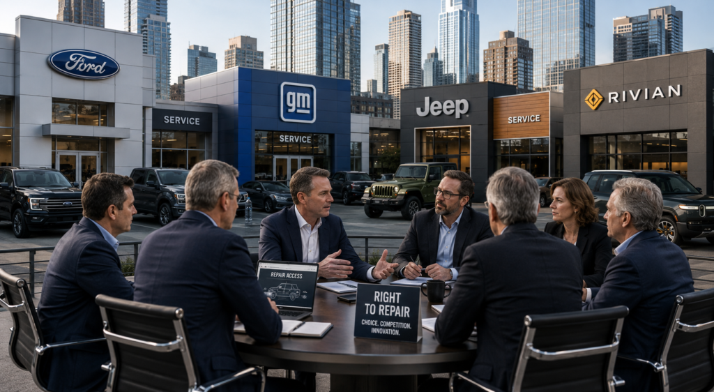 Automotive industry executives meeting near Ford, General Motors, Jeep and Rivian dealerships to discuss vehicle service policies