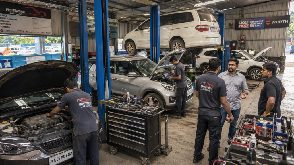 Indian mechanics servicing modern cars in a busy independent workshop while customers discuss vehicle repairs