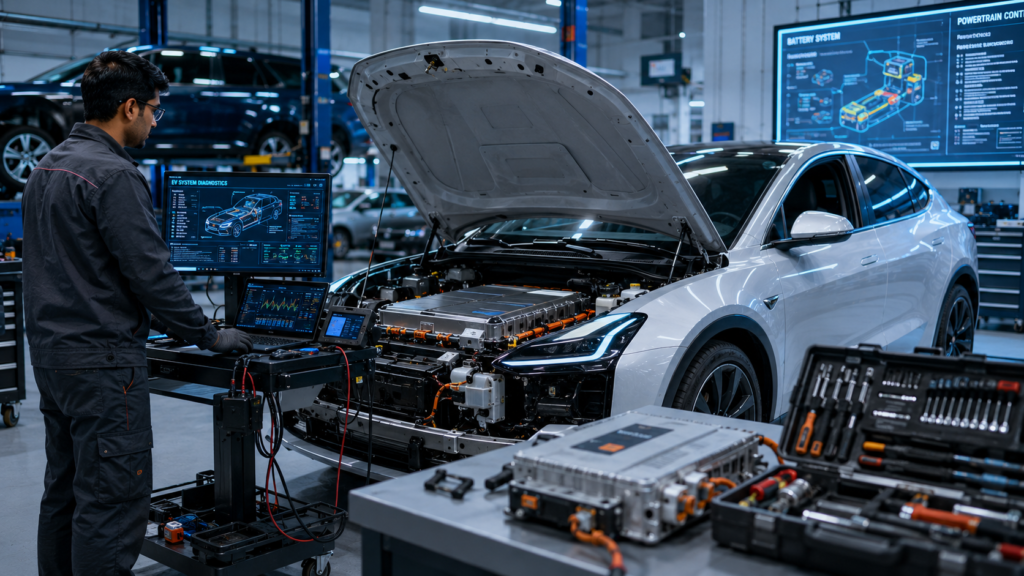 Technician diagnosing an electric vehicle with advanced software tools and exposed battery components in a modern workshop