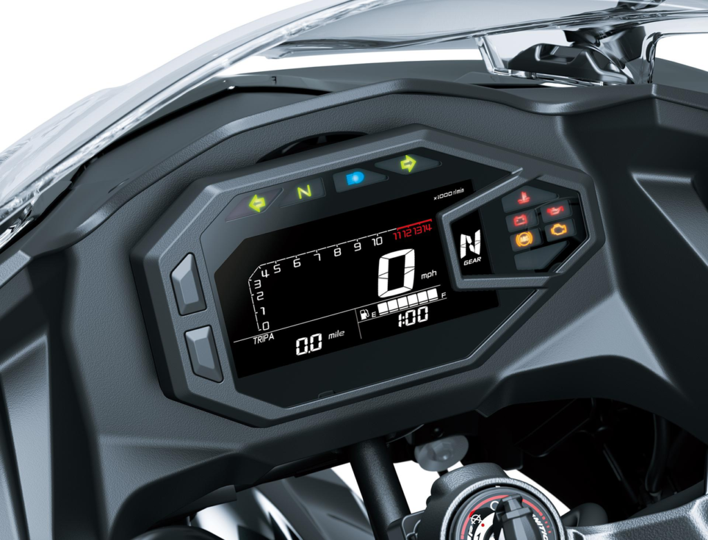 2026 Kawasaki Ninja 500 digital instrument cluster with smartphone connectivity, featuring a full LCD or TFT display that connects to a mobile device via the Kawasaki Rideology app. The screen provides riding information, smartphone notifications, ride logs, and connected features, enhancing convenience and the overall riding experience.
