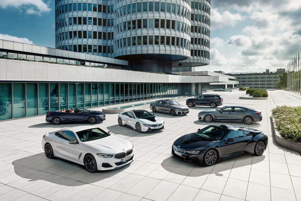 BMW sales drop globally in 2026 as luxury cars are displayed outside a modern BMW dealership