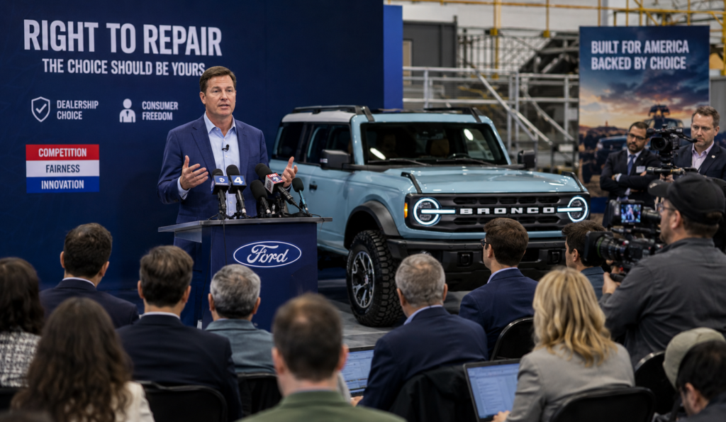 Automotive executive speaking at a press conference with reporters and a Ford Bronco during a vehicle repair policy discussion